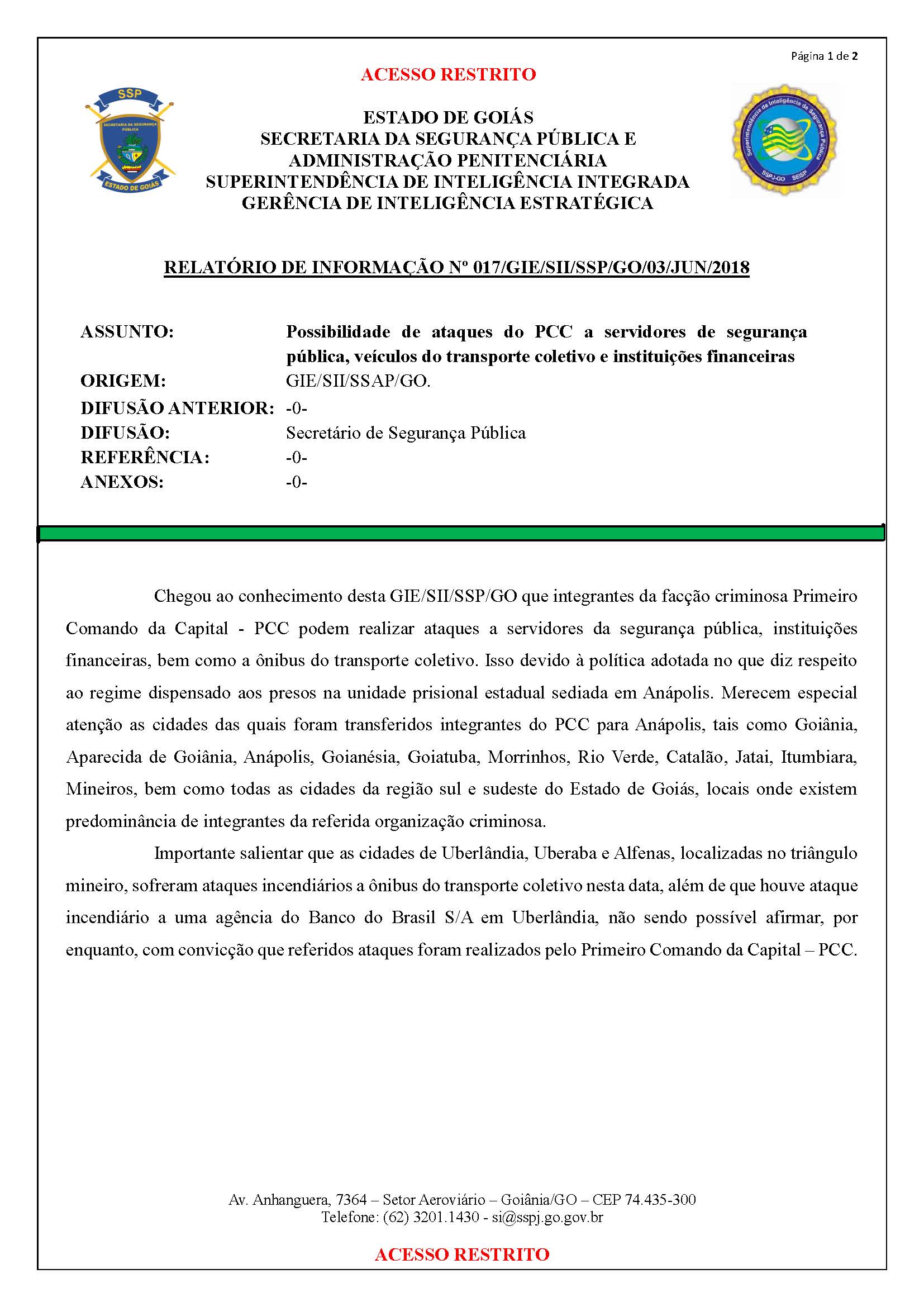 É verdadeiro relatório que fala sobre possível ataque do PCC em Goiânia | Foto: Reprodução/SSP