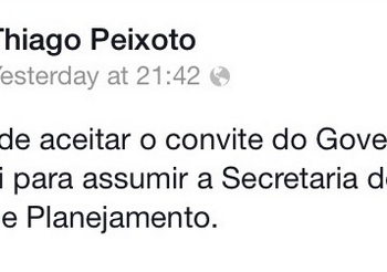 Thiago Peixoto confirmou a notícia pelo Facebook