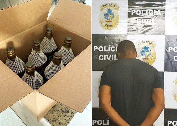 Homem é preso suspeito de falsificar e vender Cachaça Bananinha na capital e Aparecida | Fotos: Divulgação / PC