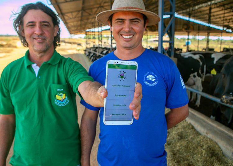 Rafael Fernando e seu pai, César Augusto de Castro: apoio do Sistema Faeg/Senar transformou a rotina de trabalho na propriedade onde produzem leite, em Orizona | Foto: Fredox Carvalho