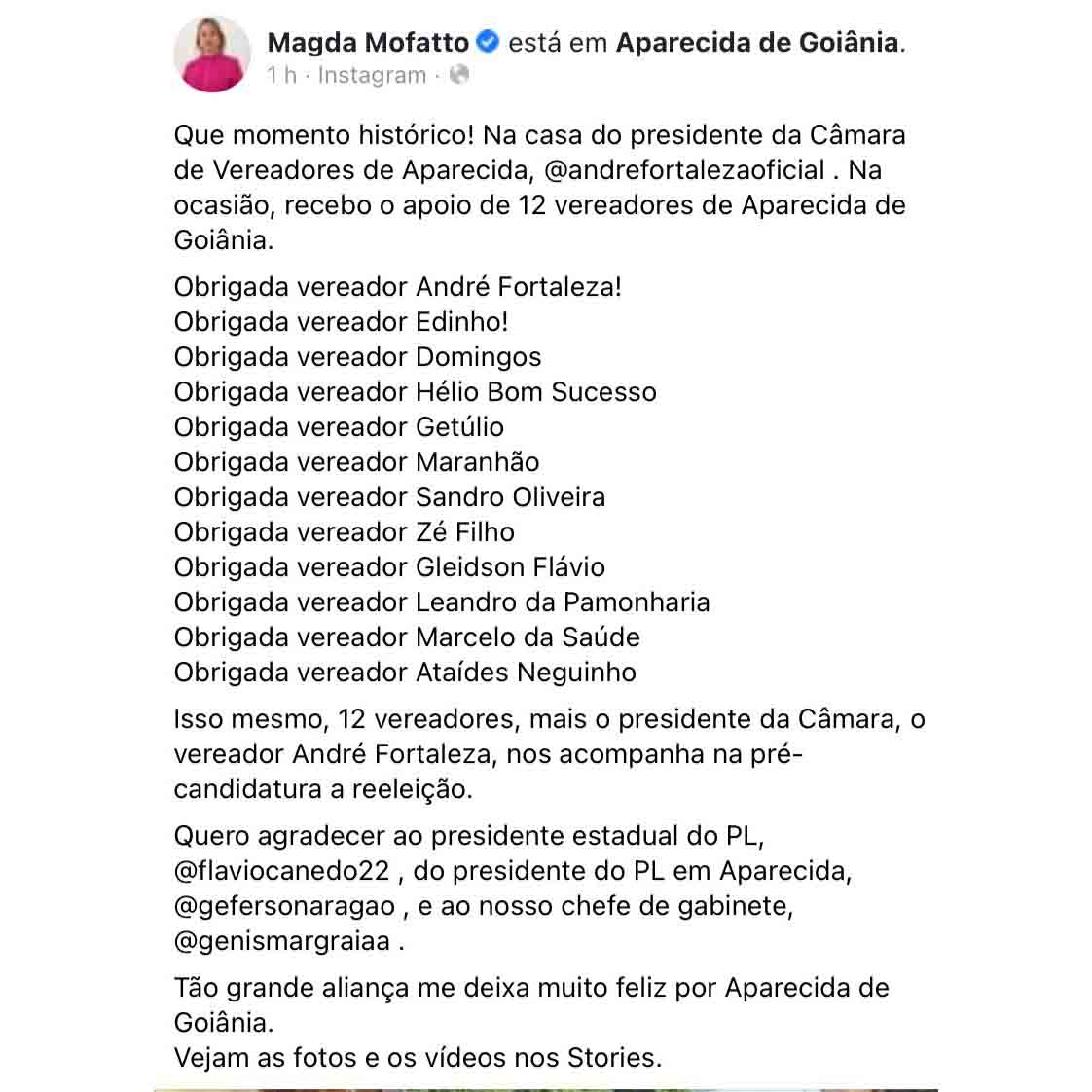 André Fortaleza e outros 10 vereadores anunciam apoio a Magda Mofatto - magda mofatto apoio vereadores aparecida de goiania lista