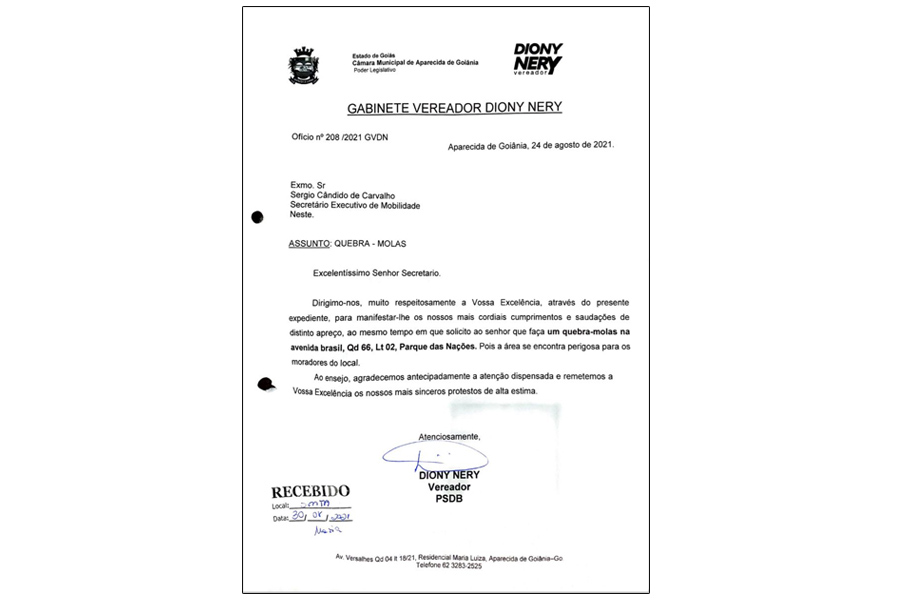 ofício enviado pelo vereador Diony Nery (PSDB) à Secretaria Executiva de Mobilidade | Foto: Reprodução
