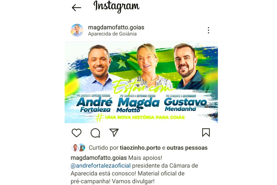 Magda Mofatto anuncia pré-candidatura de André Fortaleza a deputado estadual em post no Instagram | Foto: Reprodução
