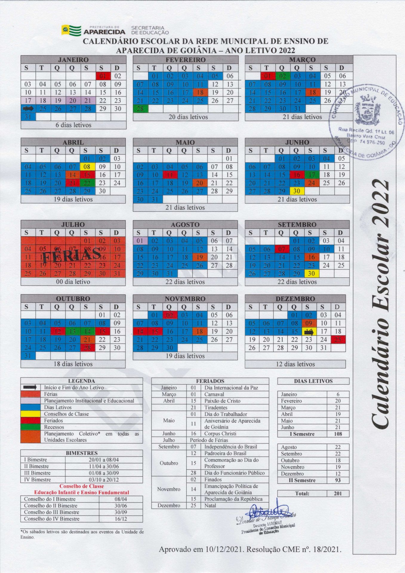 Calendário completo do ano letivo de 2022 na rede municipal de Educação de Aparecida de Goiânia | Foto: Reprodução