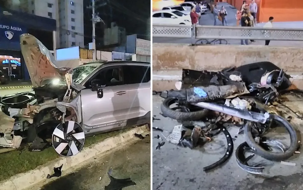 Frente do carro atingido e uma das motos | Foto: Dict