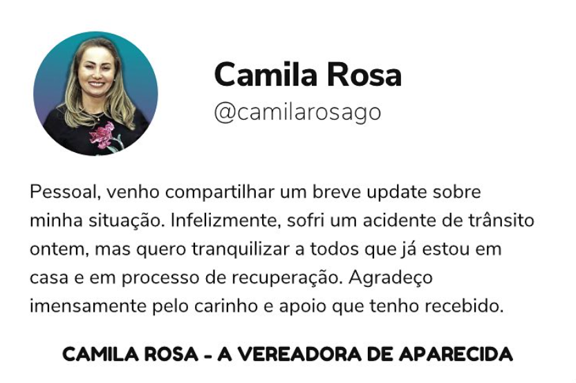 Vereadora Camila Rosa divulgou acidente em perfil de rede social | Foto: Reprodução