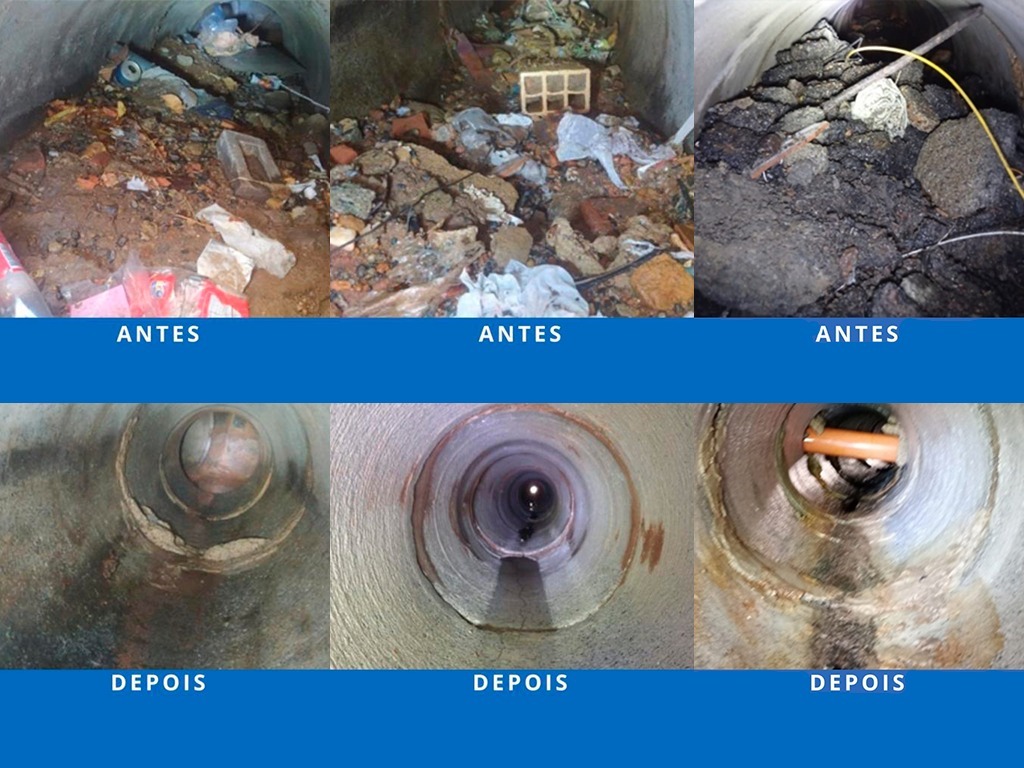 Imagens das galerias mostram antes e depois da limpeza realizada pelos hidrojatos de sucção (Fotos: Divulgação)