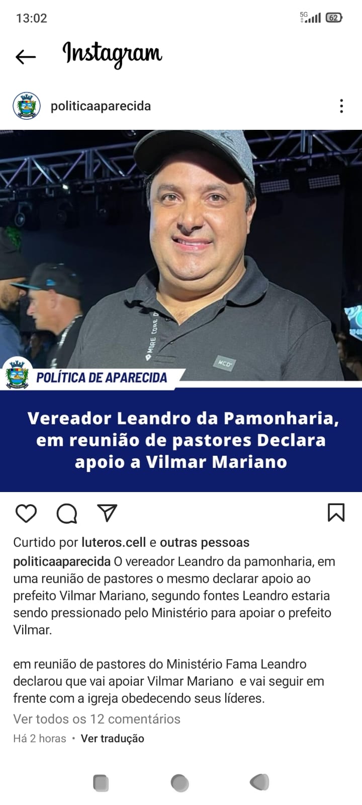 Postagem afirmou que vereador Leandro Junior daria apoio a Vilmar Mariano | Foto: Reprodução