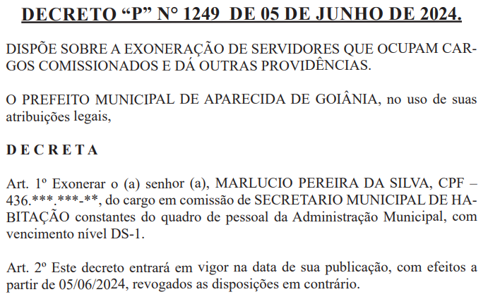 Exoneração de Marlúcio foi publicada no Diário Oficial | Foto: Reprodução