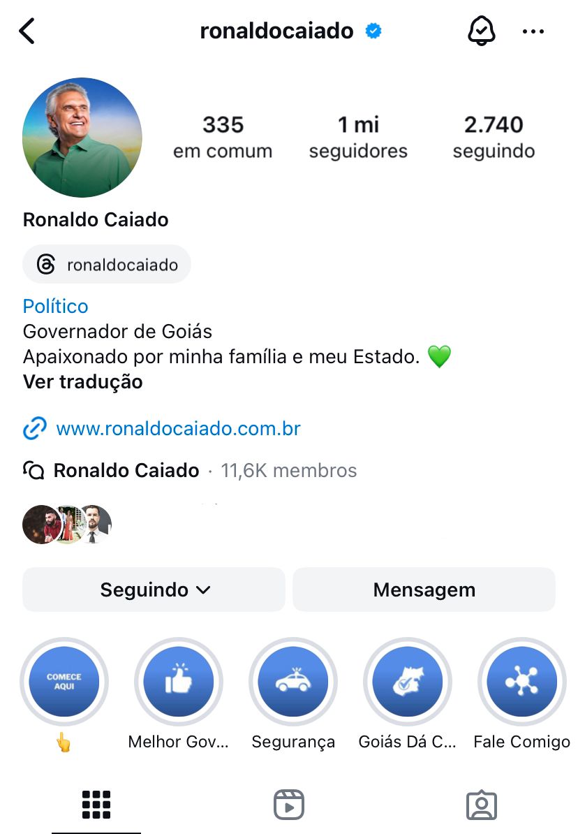 Caiado chega a 1 milhão de seguidores no Instagram; só 5 governadores superaram marca