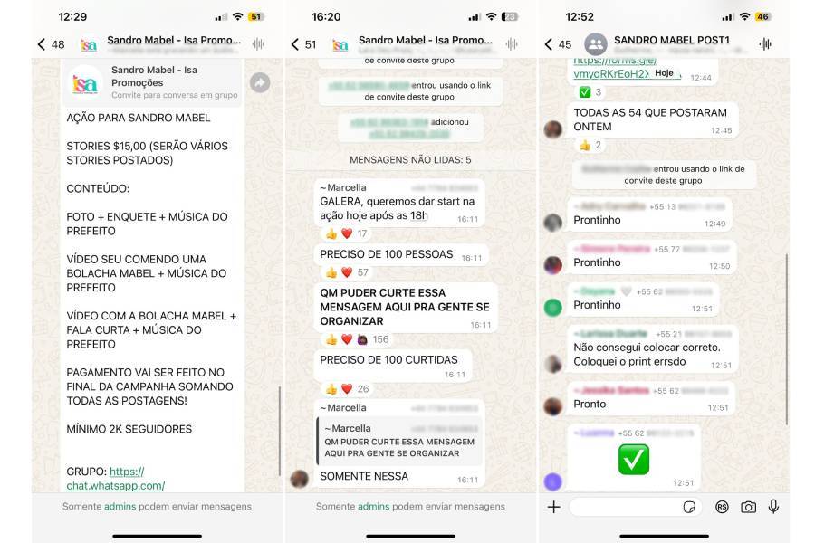 Prints em grupo de WhatsApp que promete pagamento em troca de divulgação de stories em apoio a Sandro Mabel | Foto: Reprodução