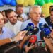 Caiado fala à imprensa em evento que marcou a filiação de Mendanha ao PSD de Gilberto Kassab. O registro foi feito por um dos fotógrafos do governador