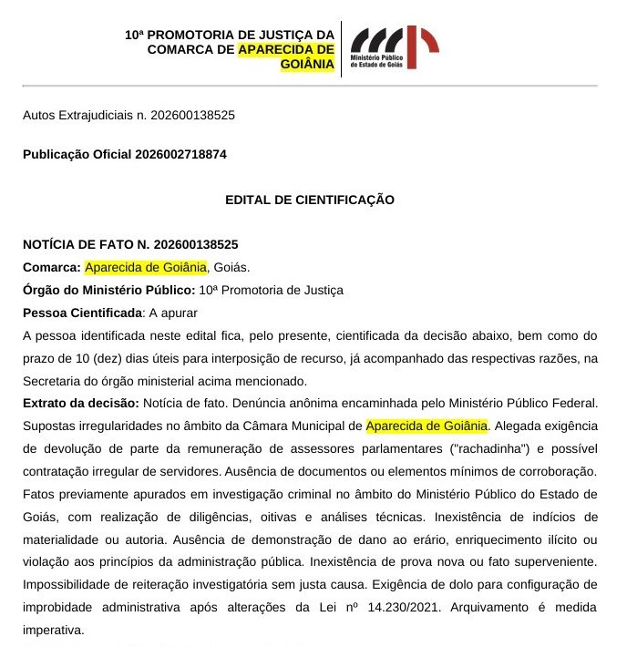 Rachadinha vereadores Aparecida de Goiânia